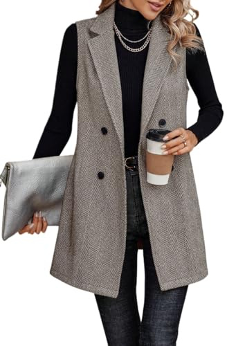 Juankrynord da Donna Senza Maniche Risvolto Bottone Anteriore Autunno Gilet in Tweed Giacca Gilet Lungo Gilet in Tweed Senza Maniche Giacca Gilet Autunno Giacca Abito Senza Maniche (Cammello,S)