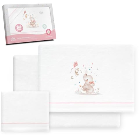 Interbaby Set med lakan spjälsäng 60 x 120% bomull, 100% bomull, flanell, varm, mjuk spjälsäng, med låg filt, bänkskiva och örngott, lämplig för vinter, elefant vit/rosa