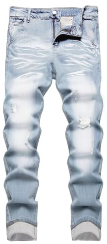 Hengao, jeans da uomo a taglio dritto, strappati, vestibilità slim fit, elasticizzati, 50
