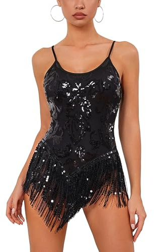 IMEKIS Women Sequins Fringe Tassel Bodysuit Latin Dance Cami Leotard Music Festival Party Dancewear Nightclub Costume Halloween Carnival Rave Outfit Black XL