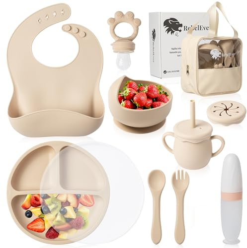 Kindergeschirr set aus Silikon mit Transport oder Aufbewahrungstasche - Kinderbesteck ab 1 jahr - Beikost baby zubehör - Fruchtsauger Baby - Esslernlöffel Baby mit Squeeze Flasche