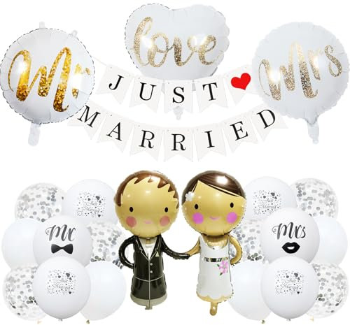 KOBOKO Luftballons Hochzeit Just Married Deko, Luftballon Hochzeitsdeko Mr & Mrs Deko, Ballons Hochzeits Deko Just Married Girlande, Deko Hochzeit Folienballon für Wedding Dekoration, Standesamt Deko
