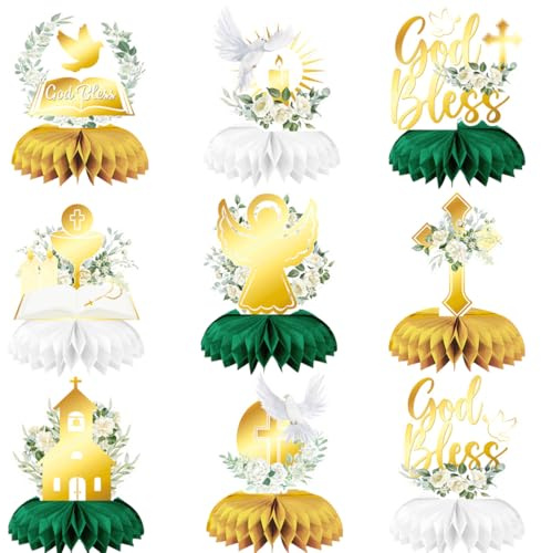 Doyomtoy Centrotavolo Battesimo Bambino, God Bless Decorazioni a Nido d'Ape Comunione Baby Shower Compleanno Battesimoper Baby Shower Decorare Feste di Battesimo con Croce 9 Pezzi