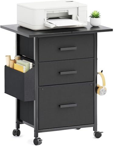 CAIYUN Archivador con Ruedas con 3 cajones y Ruedas para Documentos A4, tamaño Carta, Soporte para Impresora con un Ancho de 56 cm, diseño Industrial, Color Negro