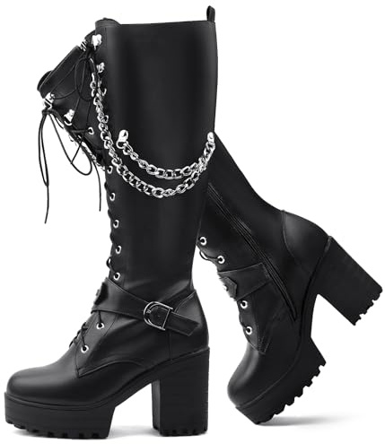 Voviggiw Women Fashion Platform Knee High Boots Block Heels Long Boots Lace Up Winter Shoes High Heel Gothic Long Boots with Chain Black Size 43