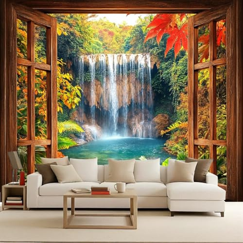 Papel Pintado Ventana Paisaje Flores Bosque Río 250x175 cm Efectos 3D Papel Tapiz Fotográfico Tejido No Tejido Mate Póster Fotomurales Decoración Pared Para Dormitorio Salón Decorativos Murales