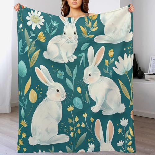 ArogGeld Watercolor Bunny Colorful Floral Fleece Blanket Rabbit Easter Eggs Wildflowers Green Flannel Fleece Blankets Cosy Soft Warm Sofa Throw 30x40in Christmas Housewarming Gift to Mom Dad
