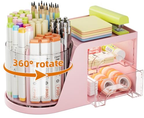 Marbrasse Desk Organiser with Drawer,360-Degree Rotating Pen Holder,Desk Organisers Accessories with 5 Compartments Pencil Organizer,Art Supply Storage Box Caddy for Home Office(Pink)
