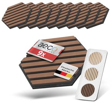 Aeco Sound® Akustikpaneele Holz selbstklebend – 9er-Set | Echtholz Walnuss & Akustikfilz Schwarz | Hexagon 30x26cm – 3D Wandpaneele für Schalldämmung & Wandverkleidung Innen
