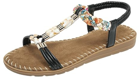 Genérico sandalias,sandalias blancas planas, planas con cuentas para, de con tiras elásticas en T Cunas Blancas (Black, 36)
