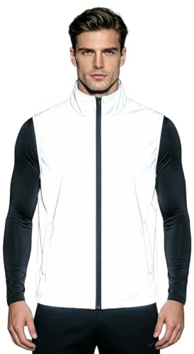 Disnace Men's Reflective Cycling Gilet Lightweight Hi Vis Vest Sleeveless High Visibility Running Jacket Windproof Safety Waistcoat for Night Walking Riding Hiking Jogging Outdoor Sports, Grey, XL
