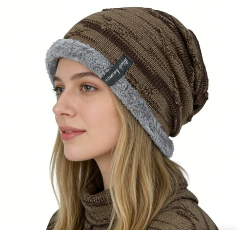 Fleece Lined Winter Slouchy Beanies Knit Cap Oversized Baggy Hat Brown