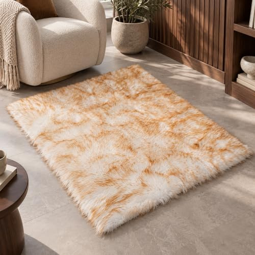 linmopm Faux Fur Rug Sheepskin Shag Fluffy Fuzzy 3x4 ft Rugs for Bedroom Bedside Bed Floor Living Room Plush Rectangle High-Density Cushion Carpet Super Sofa Cover White and Yellow