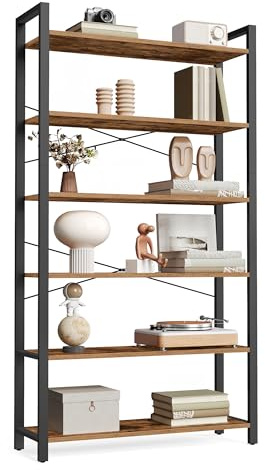 VASAGLE 6-Tier Bookshelf, Bookcase with Steel Frame, Book Shelf for Living Room, Home Office, Study, 11.8 x 31.5 x 73.2 Inches, Industrial Style, Rustic Brown and Ink Black ULLS082B01