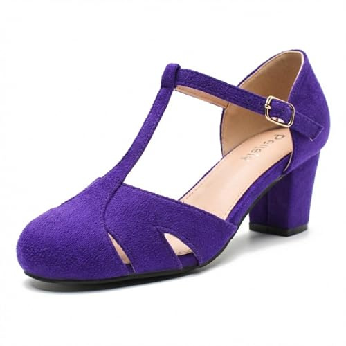 Women's T-Strap Block Heel Pumps, Ankle Buckle Closure, Classic Cut Out Round Toe Dress Shoes, Suede Purple, 8 UK