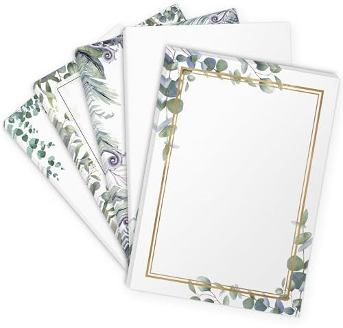 Briefpapier Eukalyptus MIX 50 Blatt im Set | Greenery Papier Mix 5 Motive Floral Gold-Look Akzente | Motivpapier A4 | edles Design Papier | beidseitig bedruckt | Hochzeit Einladung Briefe schreiben