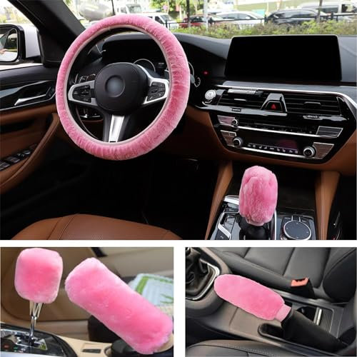 Getyjoe 3 Stück Auto Universal Lenkradabdeckung Handbremse Schaltabdeckung und Lenkradschoner Winter Lenkradschutz Rosa rutschfeste Warme Lenkradhülle Autozubehör 35–39 cm