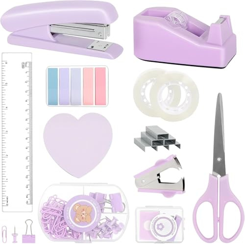 Set d'articles de bureau, ensemble de reliure violette et distributeur de ruban adhésif avec détachant d'agrafes et 1000 agrafes, agrafes, ruban adhésif, ciseaux et onglets, accessoires de bureau pour