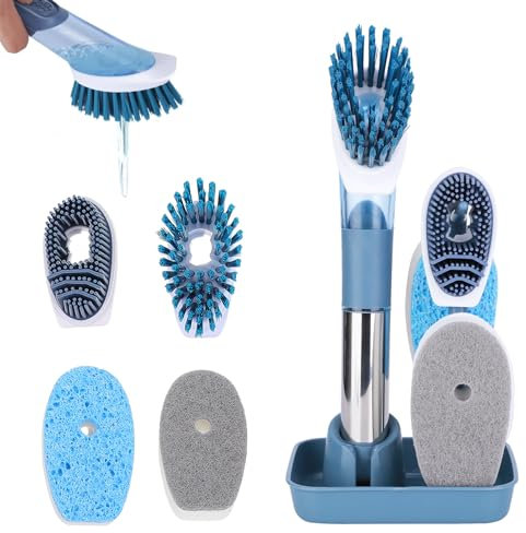 Juego de cepillos para lavavajillas, Cepillo de Cocina 4 en 1 con dispensador de detergente, Juego de cepillos de Limpieza Multifuncional con 4 Cabezales de Repuesto