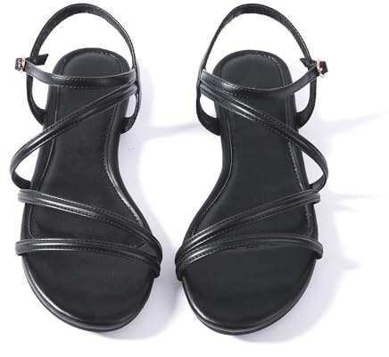 Mtzyoa Women Flat Sandals Black Size 9 Dressy Gladiator Strappy Comfortable Summer Ankle Strap Open Toe Casual Leather Ladies Party Trendy Vacation