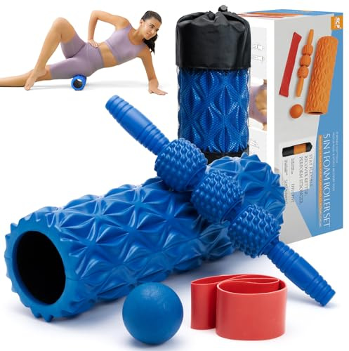 Set di rulli in schiuma 5 in 1 ad alta densità, rullo per muscoli, palla da massaggio, fasce per esercizi, stretching, per massaggi muscolari profondi, pilates, yoga, esercizi di fitness per il
