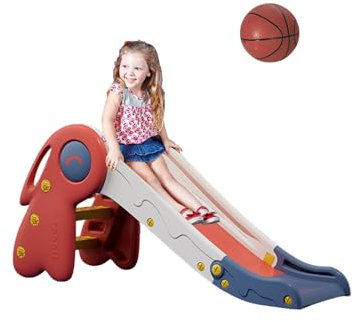 Toboggan pour Enfants, Toboggan pour Enfants Pliable avec Rampe Extérieure et Intérieure pour Jardin avec Panier de Basket, Escaliers Antidérapants pour Jeux, Multifonction, Sûr. Rouge