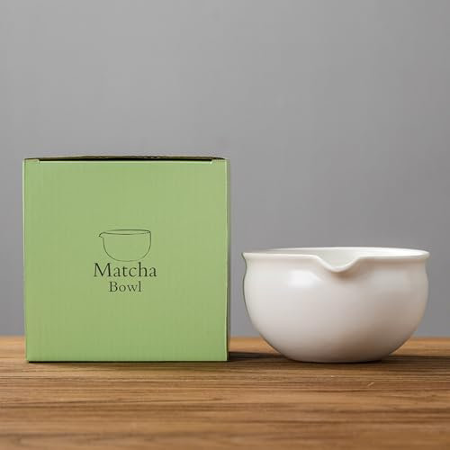 YlobdolY Tazón de cerámica para matcha con boquilla de vertido, tradicional hecho a mano de porcelana esmaltada de color sólido, cuenco para mezclar té matcha japonés con caja de regalo para batir