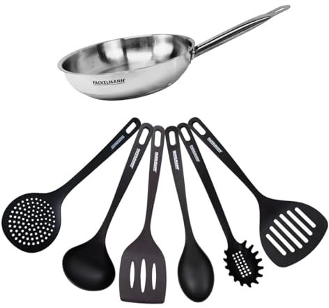 Fackelmann 9437150 Set de 1 poêle 24 cm en inox et 6 ustensiles, Poêle de cuisson, Poêle tous feux, Poêle induction, Poêle sans PFAS, Manche inox, Manche riveté, Acier inoxydable 18/8, Gris, 24 cm