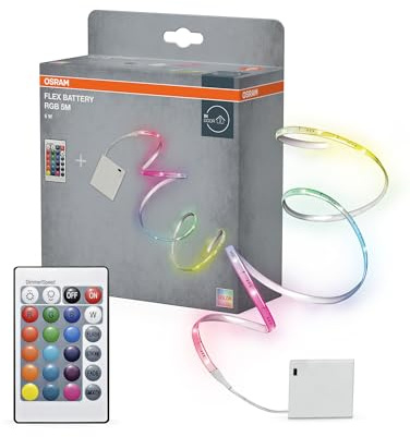 Osram bunte batteriebetriebene Flex Strips für den Einsatz in verschiedenen Bereichen, mit Fernbedienung, 5m, Rot-Grün-Blau, dimmbar, IP20, weiß, Kunststoff, Leuchtmittel nicht austauschbar