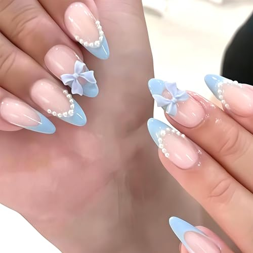 Cosblisvia 24Pcs Light Blue French Tip press on nails With 3D Bows For Women Girls Beginners, fake nails false nails For Daily Wear Travel Emergency Fixes (Almond)