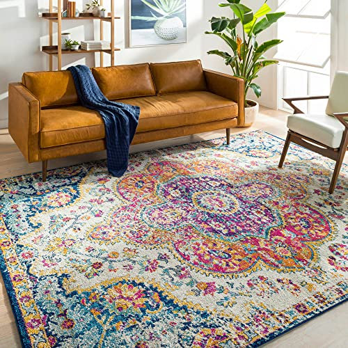 Surya Rabat Vintage Teppich groß - Teppich Wohnzimmer 120x170cm, Esszimmer, Schlafzimmer - Orientalischer Teppich Boho Style - Carpet Living Room, Bunter Muster, Fuchsie, Gebranntes Orange, Senfgelb