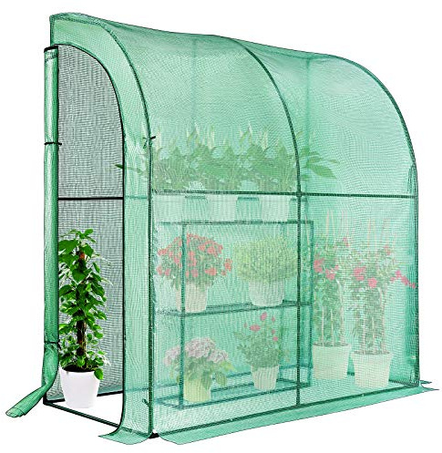VIVOSUN Lean-to Greenhouse, 6.6’ x 3.3’ x 6.9’ Portable Wall House with Green PE Cover and Shelf for Compact Garden 79x39x83-Inch