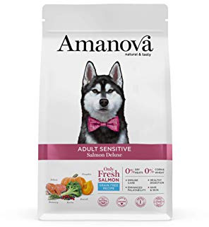 Amanova Cibo Secco per Cani Adulti di Taglia Media o Grande con Pelle o Pelo sensibile Gusto Salmone - 100% Naturale, ipoallergenico e monoproteico - Grain Free - Cruelty Free - Formato da 10 kg