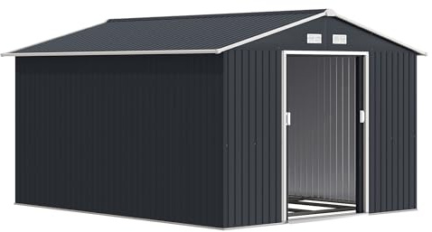 Outsunny Caseta de Jardín Exterior, 8,3 m², 277x322x192 cm, Cobertizo de Jardín Exterior Metálico con Puerta Corredera, Ventilación y Kit de Fundación, para Almacenamiento de Herramientas, Gris Oscuro