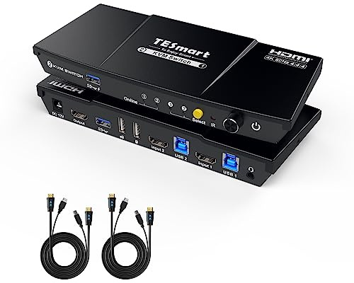 TESmart USB3.0 HDMI KVM Switch, 2 PC 1 Monitore Switch 4K 60Hz mit EDID Emulator, Hotkey, Audio Extractor, USB 3.0 für Scanner Drucker Tastatur Maus usw, 2 in 1 Out KVM Umschalter, mit 2x KVM Kabel