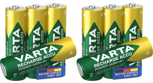 VARTA Batterien AA, wiederaufladbar, Recharge Accu Power, Akku, 2600 mAh NI-MH, ohne Memory Effekt, vorgeladen, sofort einsatzbereit, 4 Stück,2er Pack