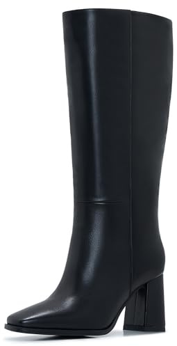 Aizhenzm Black boots for women-Wide Calf Knee-High Boots with Zipper, Square Toe Tall Leather Boots, Chunky Heel Fashion Long Boots Size 9 Wide