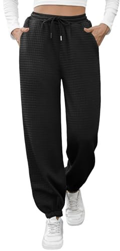 UMIPUBO Jogginghose Damen Sporthose Gefütterte Warme Freizeitthose Loose Casual Winter Thermo Baggy Fleecehose Waffle Muster Stoff Lang Sweathose Damenhose Elastischer Bund mit Taschen (Schwarz, XXL)