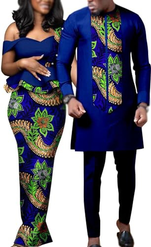 African Couple Outfits Traditional Dashiki Clothing Women Print Wax One Dress With Men Dashiki Jacket Shirt And Pants Sets