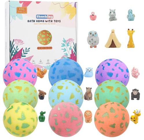 SHUCHING 9 Grandi Bombe da Bagno Bambini Animali, Bombe da Bagno con Sorpresa, Set Regalo Bath Bombs Naturali Bio per Bambini Compleanno Natale Festa