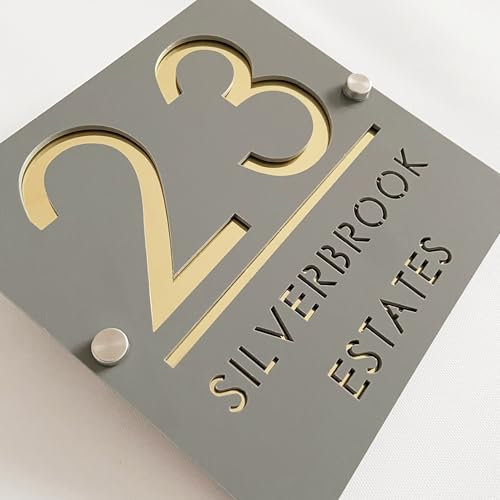Placa de Número de Casa Personalizada 3D en Acrílico Gris Humo y Dorado, Números Flotantes, Señalización Resistente al Clima para Puerta Interior y Exterior, Ideal para Hogar,Hotel, Apartamento,Tienda