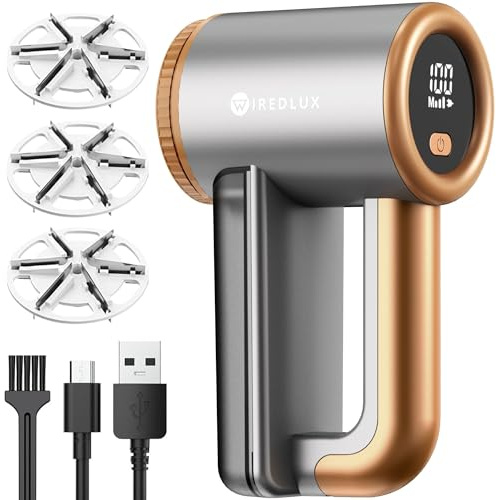 Electric Lint Remover WiredLux - Rechargeable Fabric Shaver Bobble Remover for Clothes & Furniture - Adjustable 3-Speed, 6-Leaf Blade, USB Charging, Debobbler with Dual Protection (Mineral Copper)