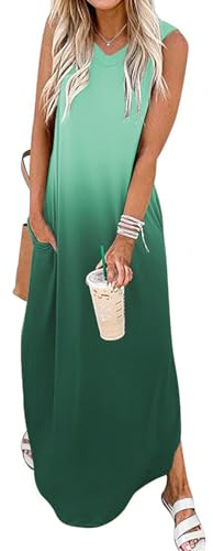 Chicrise Vestido Verano Mujer Sin Mangas Maxi Vestido Largo Multiposicion Vestido Playa Abertura Casual Verde Grande 42-44
