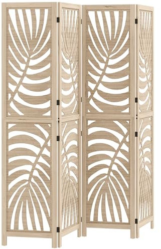 HOMCOM Paravent Interieur en Bois 4 Panneaux 160 x 170 cm séparateur de pièce Pliable et Portable, Motif de Feuille, cloison de séparation Amovible pour Salon Chambre à Coucher Maison, Bois Naturel