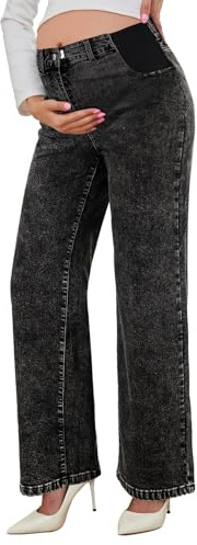 BLENCOT Pregnancy Pants for Women Maternity Wide Leg Jeans Elastic Waist Strech Denim Outfits Black Large