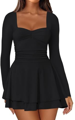 IWD Square Neck Long Sleeve Dress for Women Winter Ruched Corset Cocktail Mini Dress Waist Tiered Ruffle Hem A Line Short Homecoming Dresses Black Medium