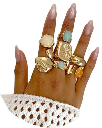 Mexegy Chunky Gold Square Knuckle Finger Ring Set for Women,Vintage Colored Rhinestone Statement Finger Rings,Personalized Trendy Jewelry Accessories Gifts(Gold)