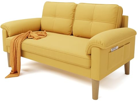 Xbro Divano a 2 Posti con Braccioli e Tasche Laterali, Piccolo Divano in Tessuto per Soggiorno, Appartamento, Ufficio, Facile da Montare, 145 x 77 x 77 cm,Giallo