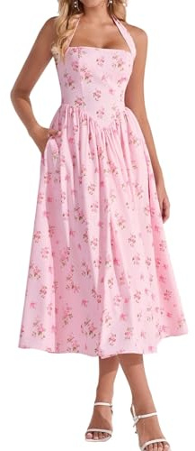 Parthea Women's Floral Halter Corset Midi Dress 2026 Elegant Smocked Flowy Wedding Guest Dresses with Pockets