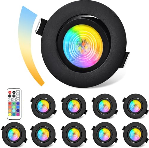 GeyouLux Dimbar RGB-infällbar LED-spotlight, IP44 i aluminium, LED-spotlight, 230 V, 68 mm, 5 W 3CCT, 38°+ 45 svarta takspotlights med IR-fjärrkontroll för badrum, 10 stycken